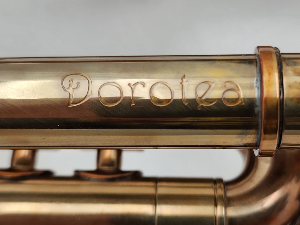 Del Quadro Dorotea custom trumpet with an acid burn, lacquered finish and Blood Basin Jasper custom button inlays