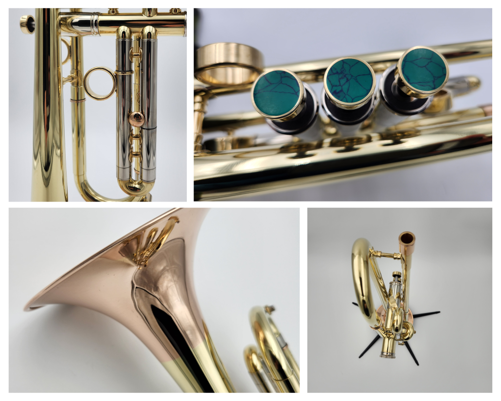 Custom trumpet with two-tone bell in a hand-polished finish with turquois inlays