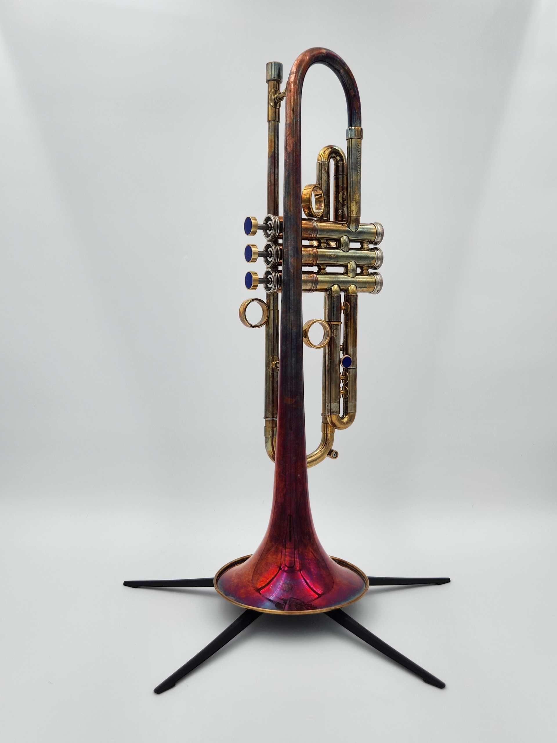 Del Quadro Custom Grande Campana trumpet with a 'I Spit Hot Fire' acid finish with lapis inlays